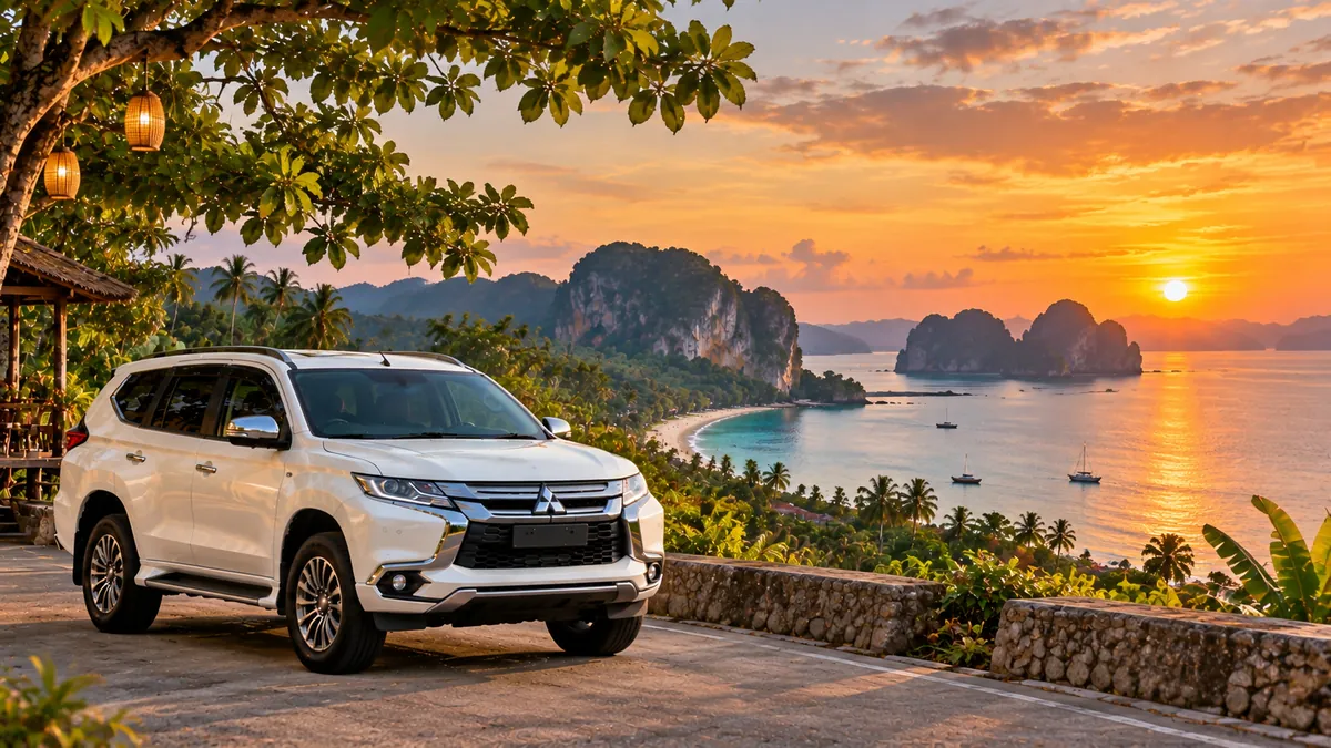 White Mitsubishi Pajero travelling from Ao Nang toward Tubkaek Beach