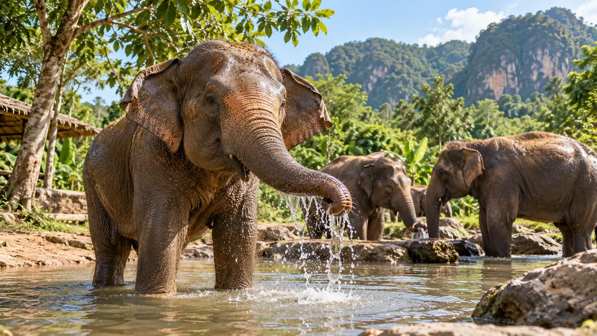 Asian elephants bathing in a natural sanctuary setting in Krabi