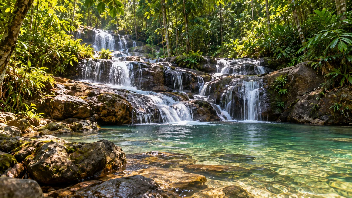 Huai To Waterfall in Krabi with clear water flowing over jungle rock terraces