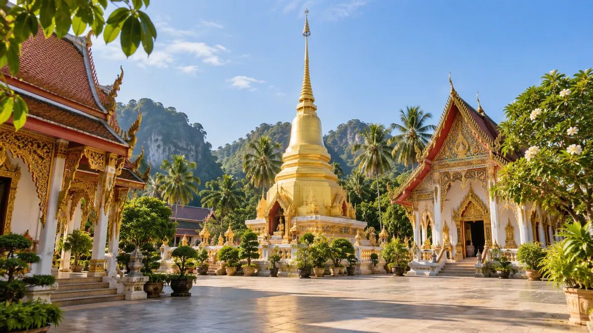 Traditional Thai Buddhist temple courtyard in Krabi with a golden stupa