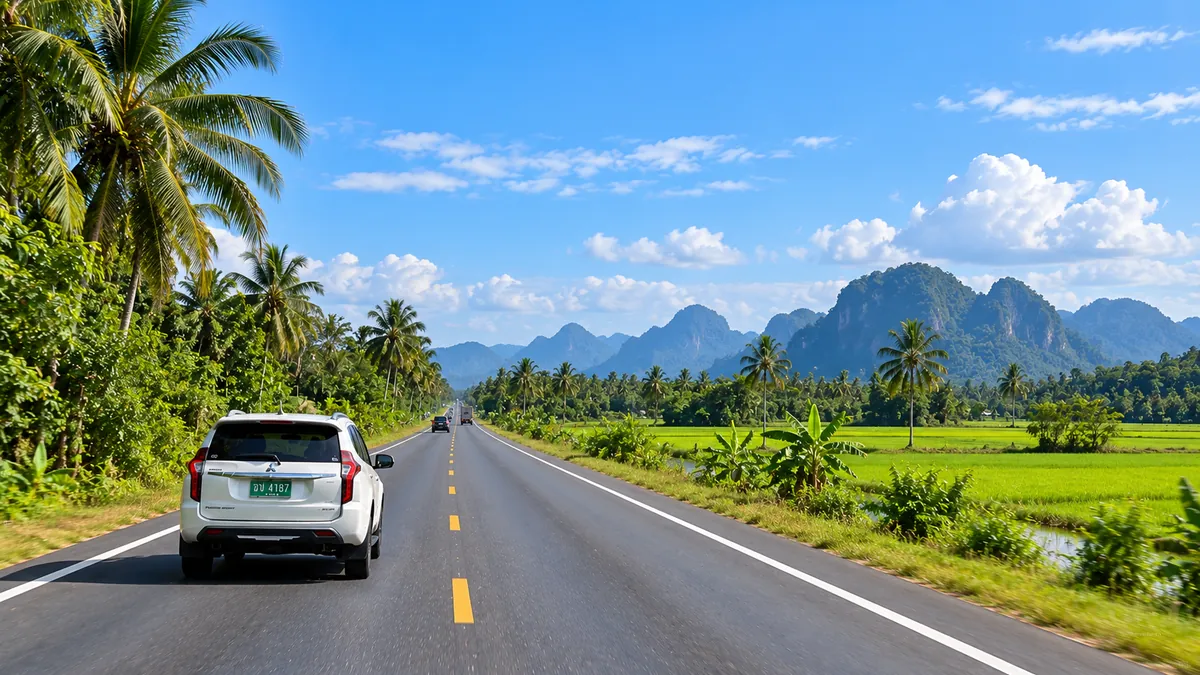 White Mitsubishi Pajero on a rural highway between Krabi and Surat Thani