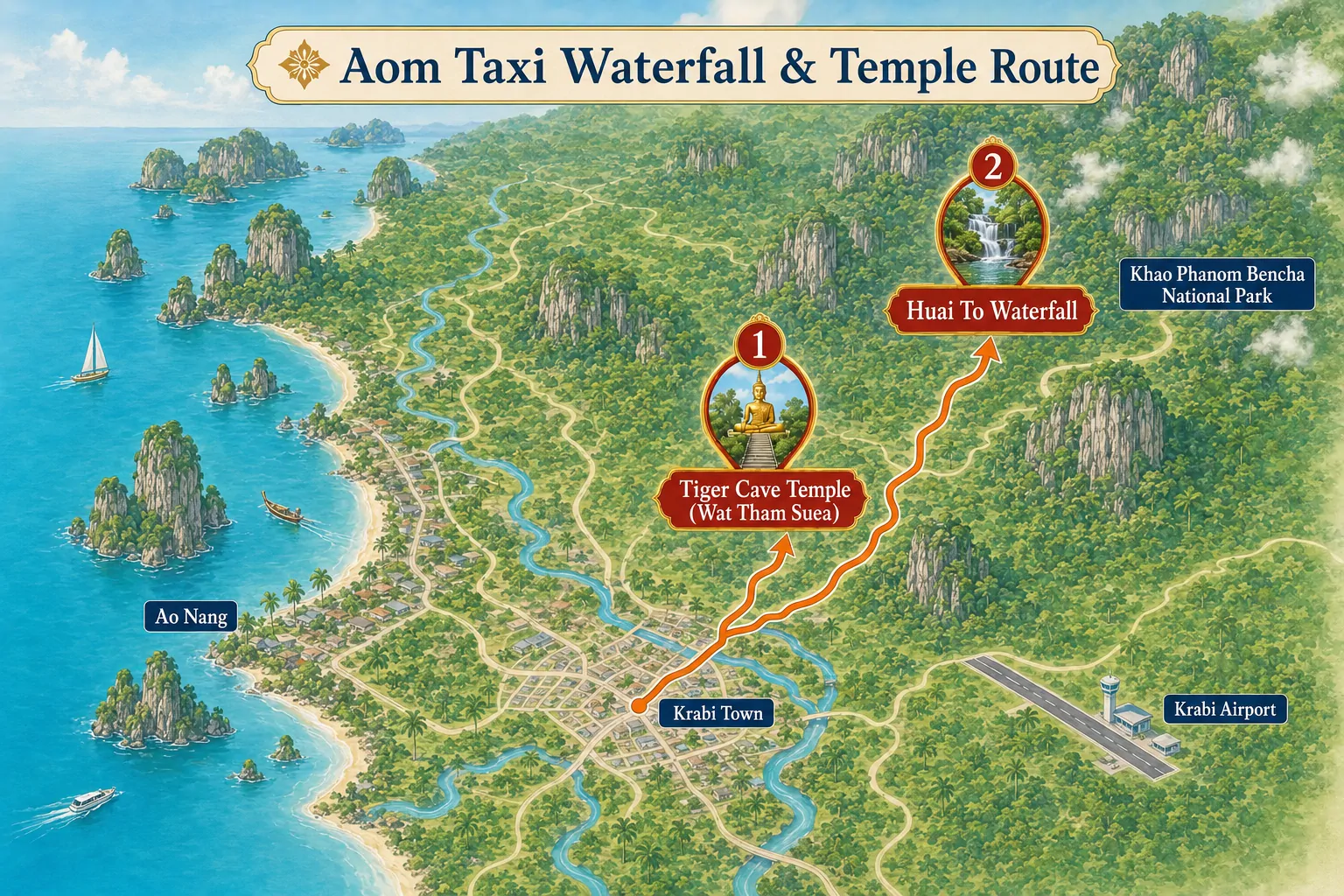 Huai To Waterfall and Tiger Cave Temple taxi route from Krabi Town