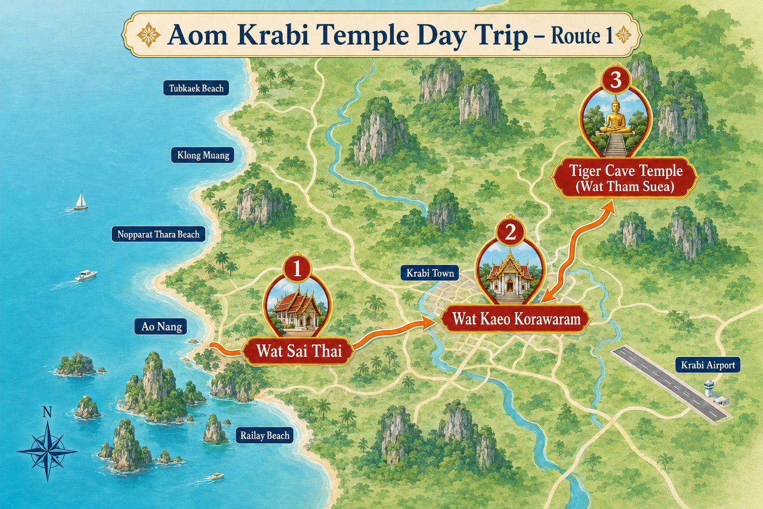 Krabi temple route 1 with Wat Sai Thai, Wat Kaeo Korawaram and Tiger Cave Temple