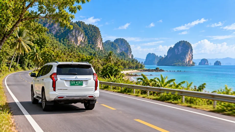 White Mitsubishi Pajero driving from Ao Nang toward Krabi Town