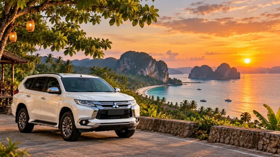 White Mitsubishi Pajero travelling from Ao Nang toward Tubkaek Beach