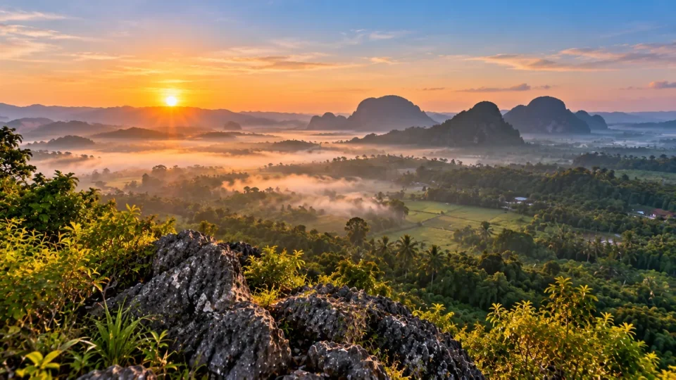 Sunrise view from Din Daeng Doi in Krabi over misty hills and rural fields
