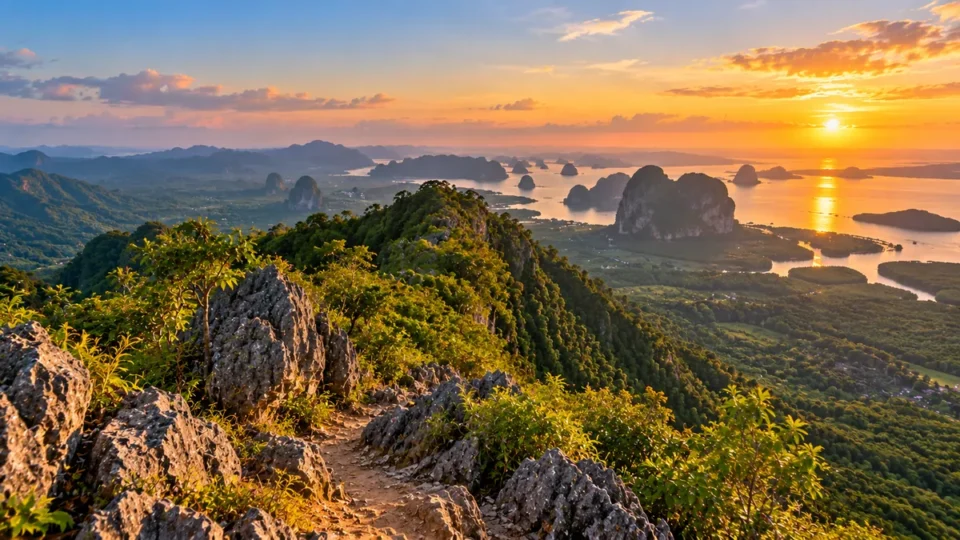 Panoramic view from Dragon Crest Mountain in Krabi over forest, sea and limestone islands