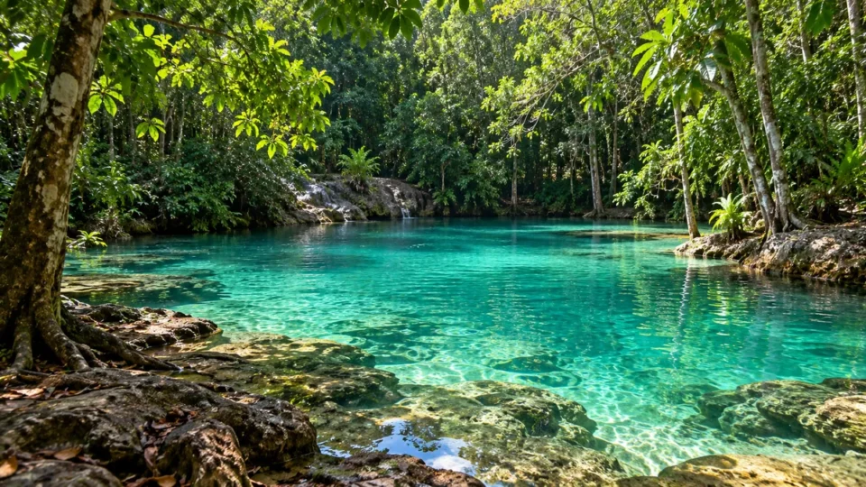Emerald Pool in Krabi surrounded by dense tropical rainforest