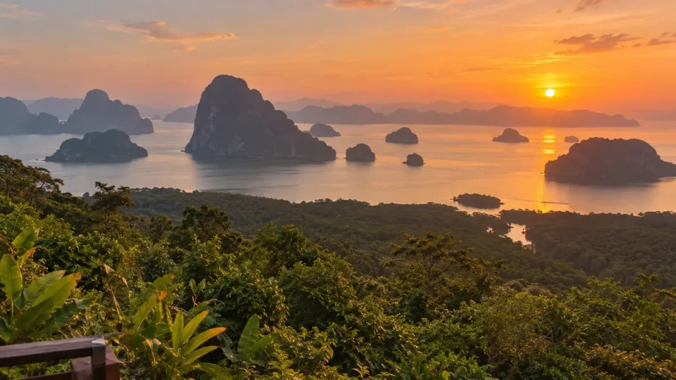 Sunset view from Khaothong Hill in Krabi over Phang Nga Bay and limestone islands