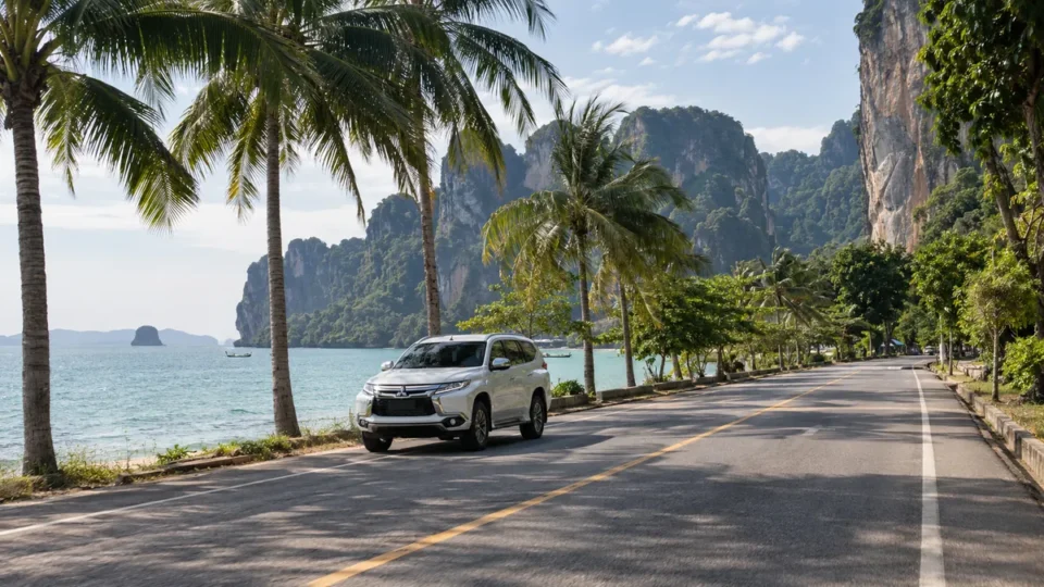 White Mitsubishi Pajero on the road between Krabi Airport and Ao Nang
