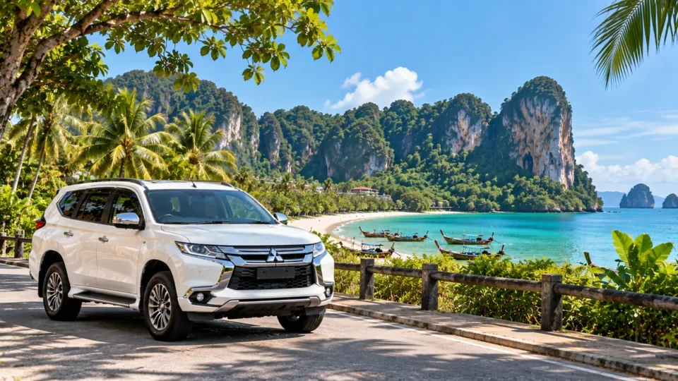 White Mitsubishi Pajero on the route from Krabi Airport toward Koh Lanta