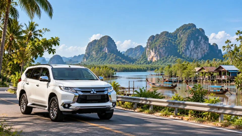 White Mitsubishi Pajero travelling toward the pier for the Phi Phi ferry