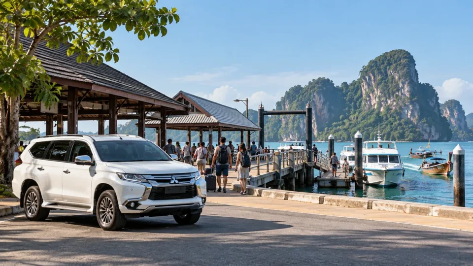 White Mitsubishi Pajero arriving at the pier for the boat transfer to Railay