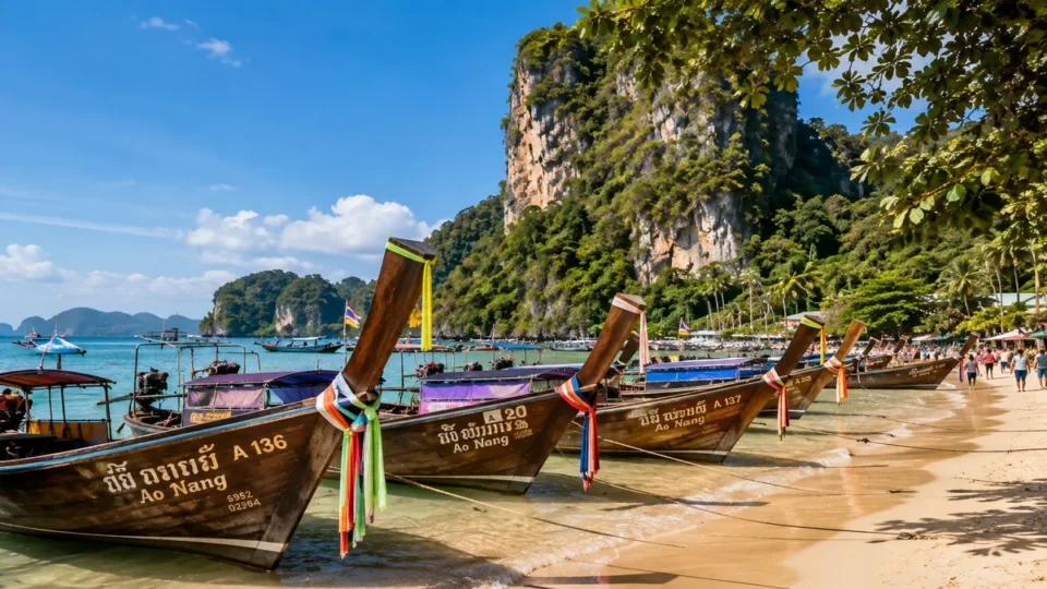 Krabi coastline with limestone karst islands, tropical scenery and traditional longtail boats