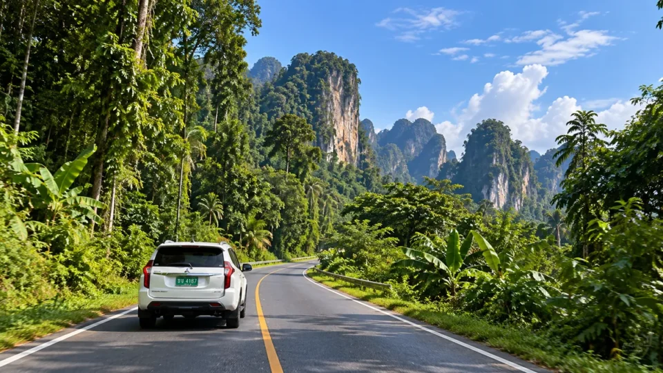 Witte Mitsubishi Pajero op een regenwoudweg richting Khao Sok