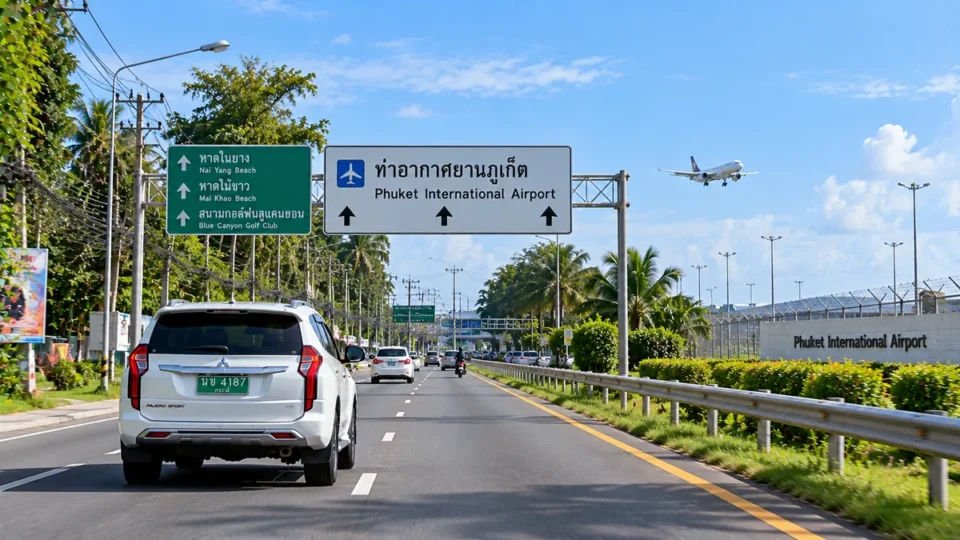 White Mitsubishi Pajero approaching Phuket International Airport