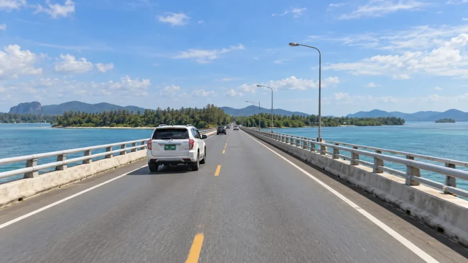 Mitsubishi Pajero blanc traversant un pont côtier entre Krabi et Phuket