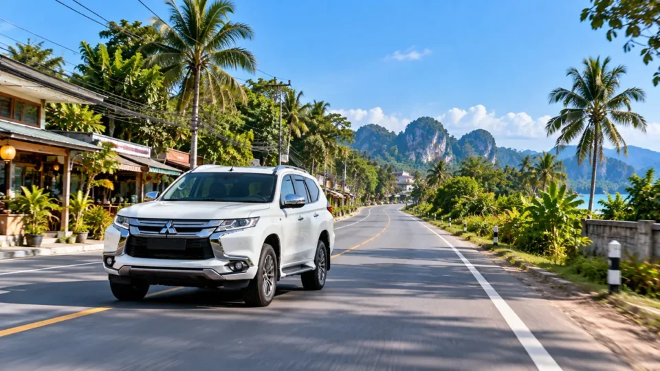 White Mitsubishi Pajero driving from Krabi Town toward Khlong Muang