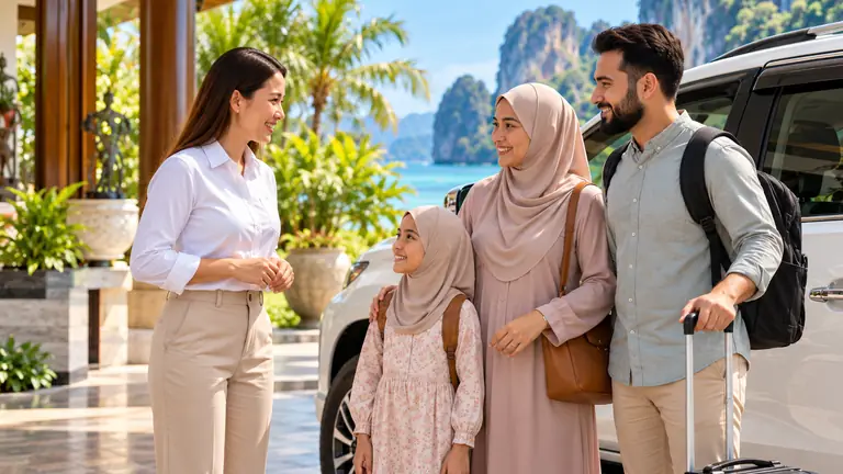 Muslimsk familj möter en kvinnlig privat chaufför vid ett hotell i Krabi bredvid en vit Mitsubishi Pajero