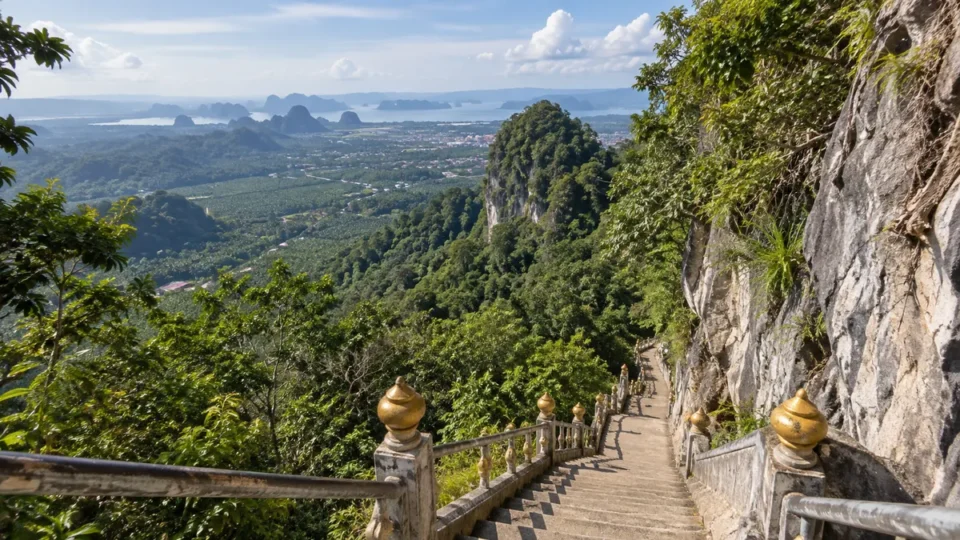 Steep staircase at Tiger Cave Temple in Krabi overlooking limestone karst landscape